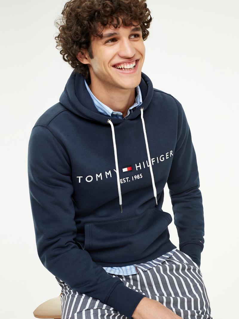 Férfi Tommy Hilfiger Organic Pamut Logo Hoodies Kék | HU 1238VRW